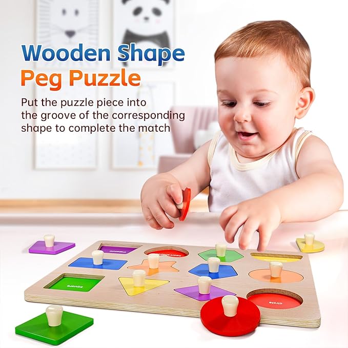 Wooden Shape Peg Puzzles for Toddlers 1 2 3 Year Old Boys Girls Gifts: Shape Sorter & Color Match Baby Puzzles 12-18-24 Months - Montessori Toys for 1 2 3 Year Old Toddler Learning Activities