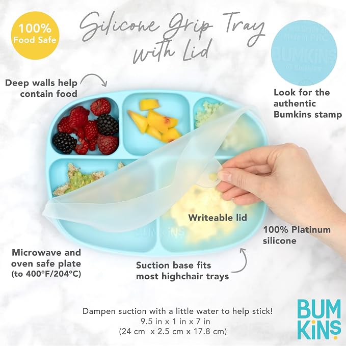Bumkins Toddler and Baby Suction Plate, Silicone Divided Grip Dish and Lid, Large 5-Section Tray for Kids, Essentials in Children Feeding Supplies, Non Skid Stick Bottom, for Ages 6 Months Up, Marble