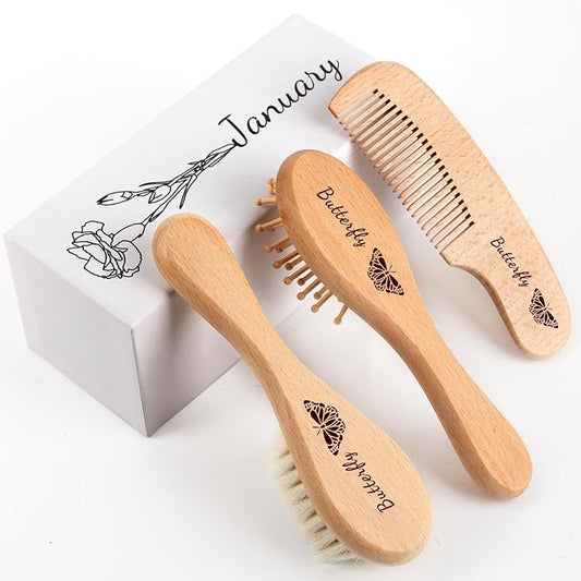 Personalized Baby Hair Brush & Comb Set with Soft Goat Bristles,Custom Laser Engraved Name,Newborn Grooming Kit with Birth Flower Gift Box (January)
