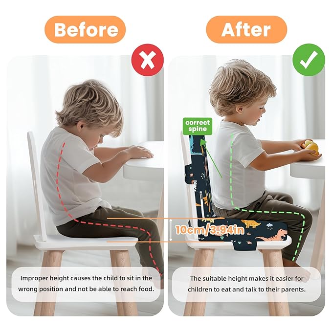 Toddler Booster Seat for Dining Table with Adjustable Straps, Kids Booster Seat for Kitchen Chair with Non-Slip Bottom, Portable Detachable Washable Increasing Cushion (Dinosaur)