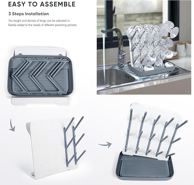 Termichy Baby Bottle Drying Rack: Vertical Bottle Dryer Rack Holder with Brushes Set- Drying Rack & Nipple Scrubber-Space Saving Standing Drying Rack for Baby Bottles and Pump Part Cleaning