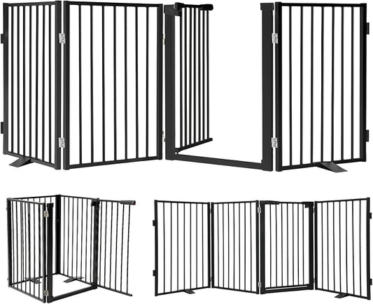 Snagle Paw Metal Freestanding Dog Gate with Door, 80” W x 24” H Dog Fence with Support Feet for Doorways, Stairs and Hallways, Portable Pet Gate for Indoor Use (4 Panel, Black)