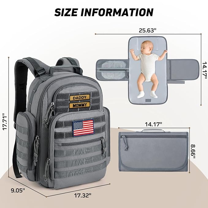 SHARKMOUTH Diaper Bag with Changing Pad - Large Military Baby Diaper Backpack for Hiking Travel Camping - Army Style for Men Active Dad Gray