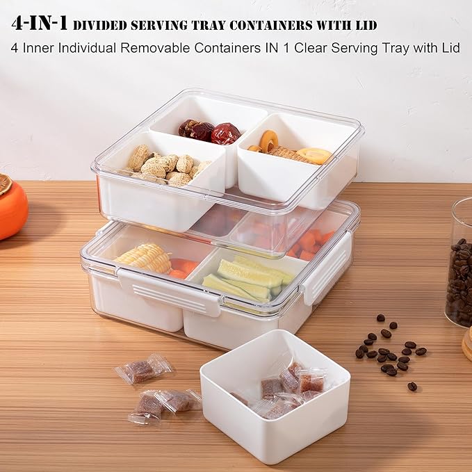 2pack Divided Serving Tray with Lid, 4 Compartment Removable Snack Boxes Fruit Food Storage Containers, Snackle Vegetable Veggie Box Plastic Organizer for Fridge (8.7x8.7x3.0, Clear and White)