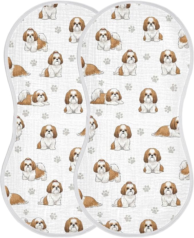 2 Pack Muslin Burp Cloths Shih Tzu Dogs White Cotton Baby Burp Cloths Ultra Absorbent and Soft Thick Burping Cloth for Newborn Must Haves 22x11 Inch
