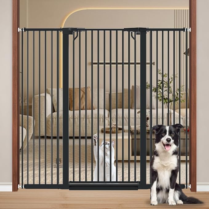 Fairy Baby 51.1" Extra Tall Pet Gates, 48.5"-56.2" Extra Wide Baby Gate for Doorways Hallway Kitchen, Tall Cat Safety Gate Pressure Mounted, Walk Thru Auto Close Metal Dog Gate, Narrow Spacing, Black