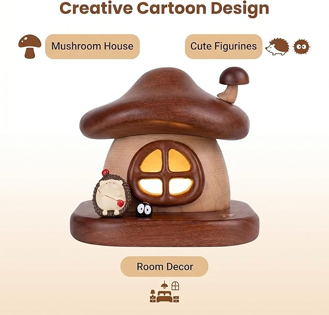 LONRISWAY Cordless Wood Mushroom Lamp, Small Battery Operated Wooden Table Lamp Portable Night Light, 3-Color Touch Control Wireless Stepless Dimming for Bedroom Nightstand for Birthday Gifts