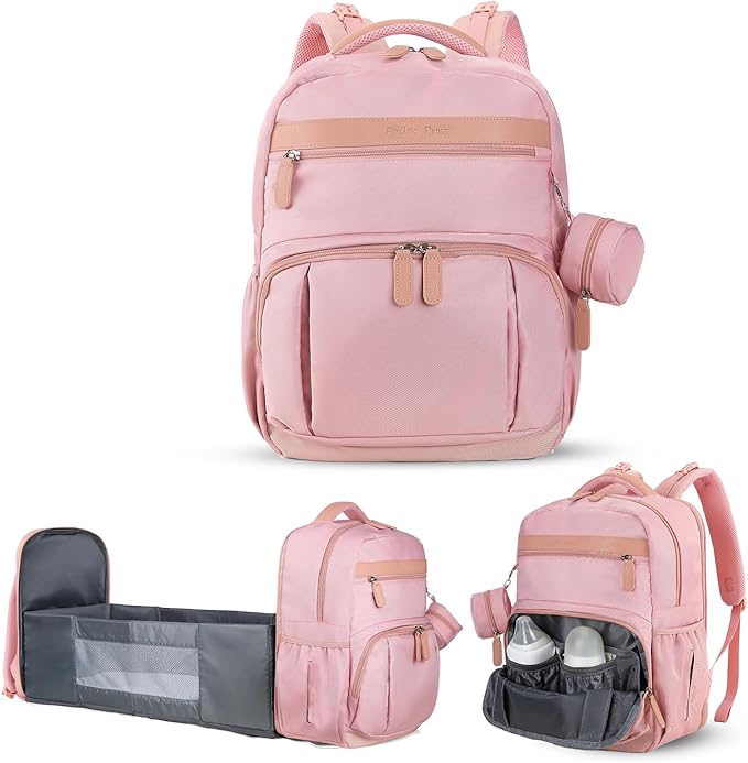 Baby Diaper Bag Backpack with Changing Station, 28Liters Capacity Nylon Baby Registry Mom Bags, Travel Friendly Unisex Bag, Essential Bag with Insulated Pockets, Pink