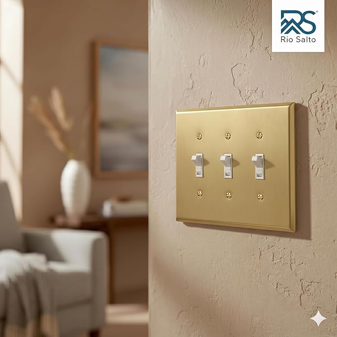 Rio Salto BRASS Toggle Light Switch Cover Plate Triple Toggle Flip Switch Outlet Covers 3 Gang Brushed Brass Gold Metal Wall Plate Flip Swtich ??Signature Collection, Standard Size 4.50" X 6.33"