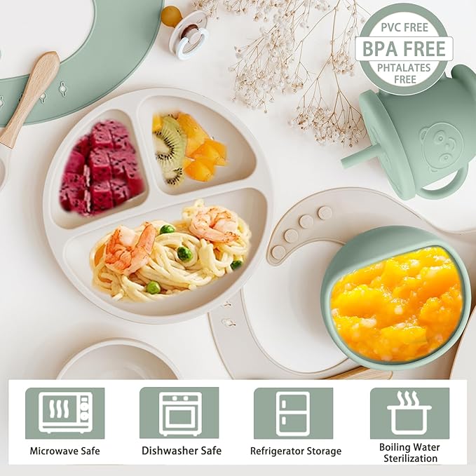 Silicone Baby Feeding Set | Baby Led Weaning Supplies Includes Suction Bowls and Divided Plates, Adjustable Bib, Baby Utensils Spoons and Forks,Cup | Baby Feeding Essentials (Light Green)