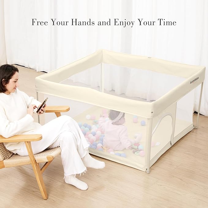 Foldable Baby Playpen 50"×50", Out-of-the-Box Ready Playpen for Babies and Toddlers, Portable Play Yard with Breathable Mesh & ASTM F406 Certified (Beige)