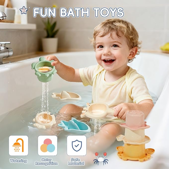 Baby Bath Toys, 21PCS | Easy Clean & Mold Free Bath Toys for Babies 6-12 Months | Educational Shape-Sorting Lid & Baby Stacking Cups | Tub Water Pool Beach Toy for Baby Gift with Portable Storage Bin