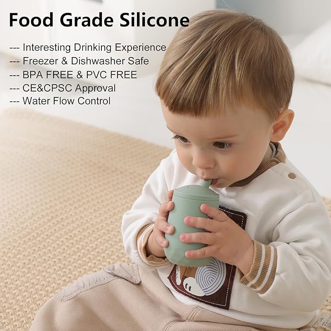 Seposeve 2 Pack Silicone Straw Cups, Leak-Proof Baby Sippy Cup for 6 Months +, Spill Proof Toddler Cup with Straw 12-24 Months, Easy to Hold, Flow Control, 4 oz, Green Blue