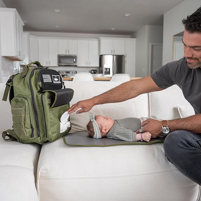 Green Dad Diaper Bag - Molle-Style Military Diaper Backpack Made of Rugged 900D Waterproof Polyester with Wider Extra-Long Straps, Dirty Diapers Pouch, Baby Wipes Dispenser & Insulated Bottle Pockets