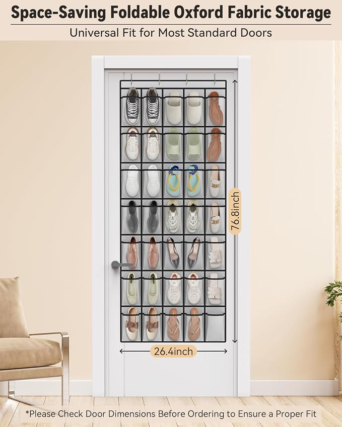 dodowin Over the Door Shoe Organizers, 2 Pack (24 & 40 Pockets) - Hanging Shoe Rack with 4 Metal Hooks, Space Saving Foldable Storage for Closet Door, Gray