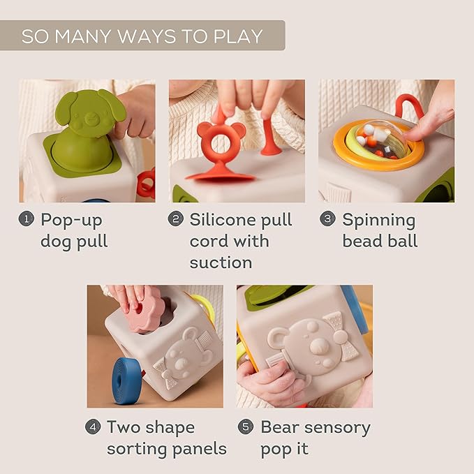 Taf Toys Busy Cube Toy Silicone Activity Cube for Baby 6 Months & Up Pop-It, Shape-Sorting, Sensory Exploration Spinning Bead Ball Develop Motor Skills Problem-Solving Montessori Toys for 1+ Year Old