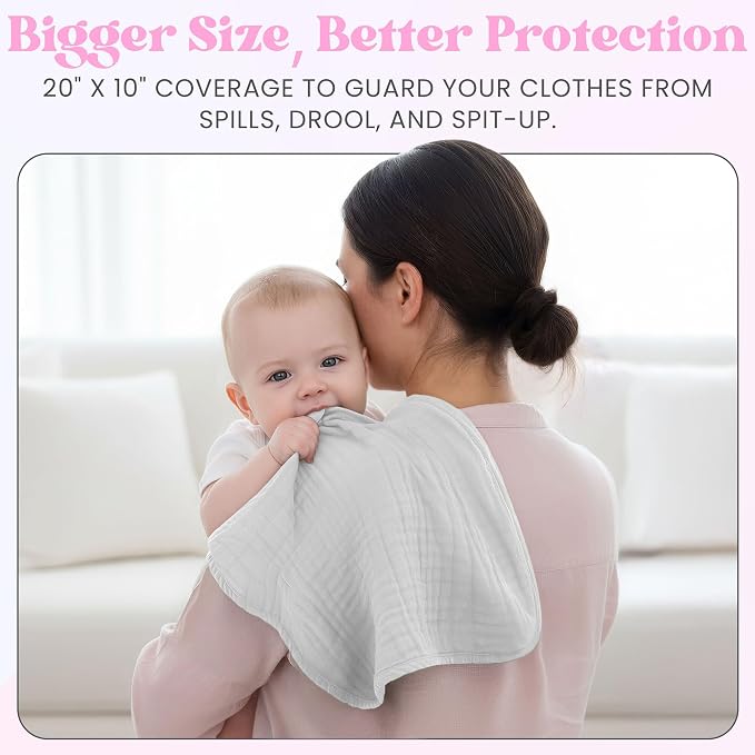 Mère & Moi: Muslin Burp Cloths - 10 Pack, White - 20x10", Soft Cotton, Oeko-TEX, Absorbent & Quick-Dry, Drool Rag, Nursing Cover, Baby & Toddler Care