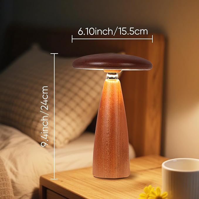 LONRISWAY LED Wood Portable Cordless Touch Switch Small Wooden Mushroom Lamp,Rechargeable Battery Operated, Stepless Dimming, 360 Degree Rotation Angle Adjustable Night Light