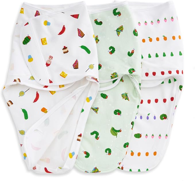 aden + anais Essentials Easy Swaddle Wrap Quick Change with Bottom Zipper, Snug Cotton Knit Baby Wrap Swaddle Blanket for Newborns, TOG 1.0, 3-Pack, Very Hungry Caterpillar, 0-3 Months, Small/Medium