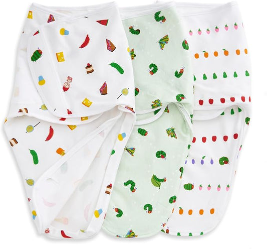 aden + anais Essentials Easy Swaddle Wrap Quick Change with Bottom Zipper, Snug Cotton Knit Baby Wrap Swaddle Blanket for Newborns, TOG 1.0, 3-Pack, Very Hungry Caterpillar, 0-3 Months, Small/Medium