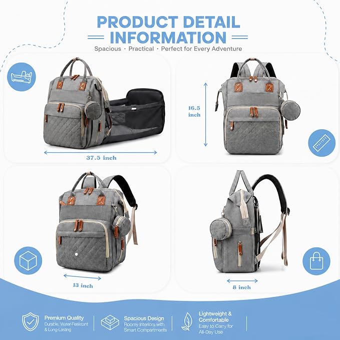 Baby Diaper Backpack with Changing Pad, Waterproof, USB Port, Large Capacity (Gray)