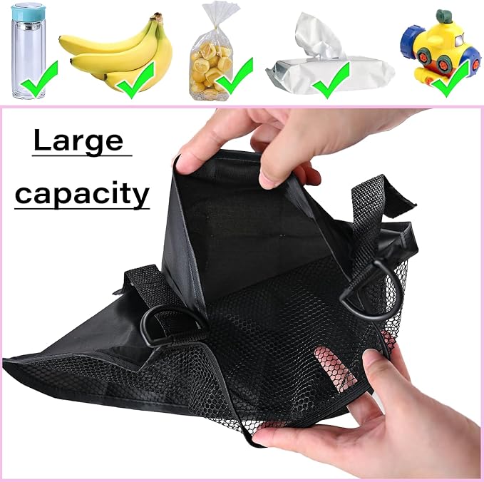 LiXiongBao 2 Pcs Side Sling Stroller Cargo Net,Universal Stroller Organizer Attachment Bag for Storage,Non-Slip and Adjustable Straps Portable Side Sling Storage Mesh Organizer(Black)