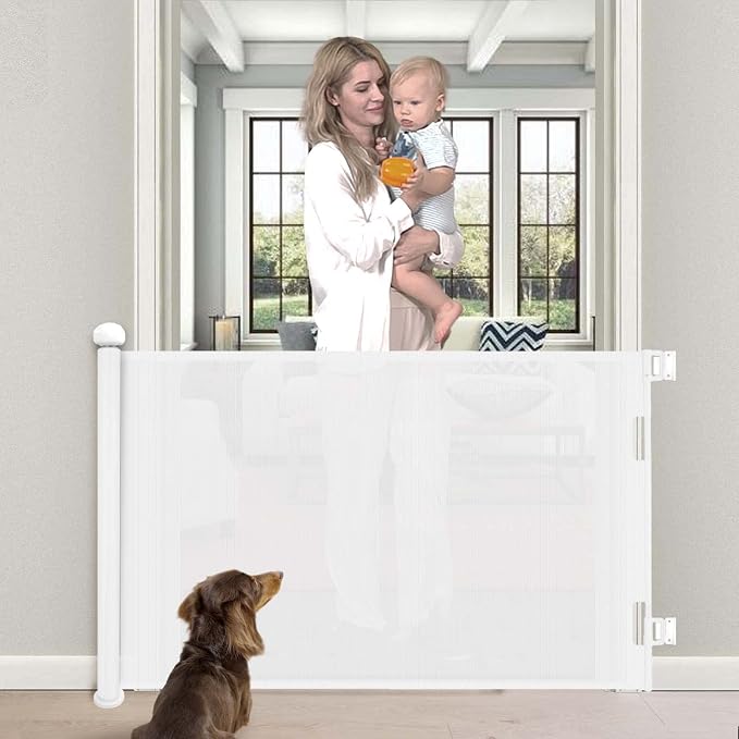 Retractable Baby Gate, Upgraded One-Way Lock Mesh Dog Gate Tall 34”, Extends up to 71” Extra Wide Pet Gate and Safety Child Gate for Stairs, Doorways, Hallways, Banisters, Indoors, Outdoors