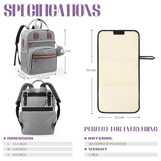 Tuwubi Diaper Bag Backpack with Changing Pad,Baby Essentials, Multi function Waterproof Backpack with Stroller Straps & Pacifier Case Light Grey