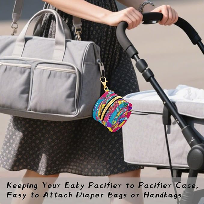 Pacifier Holder with Clip Pacifier Case for Diaper Bag Round Baby Pacifier Pouch Box Bag Portable Bright Colorful Geometric Dinosaurs