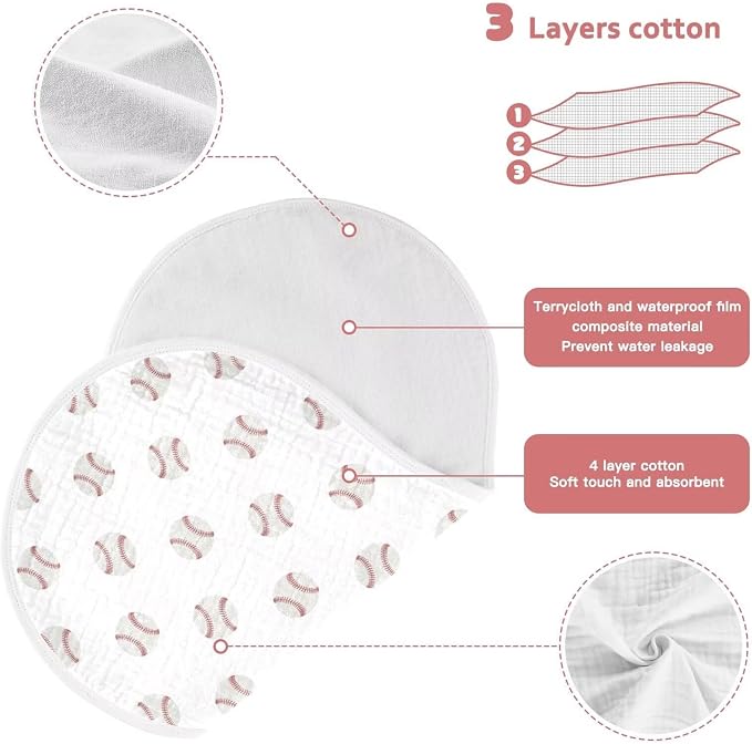 Cartoon Balls Baby Muslin Burp Cloths Set of 2 Red and White Baseball Patch Sports Muslin Washcloths Watercolor Milk Spit Up Rags Soft Newborn Towel for Unisex Boys and Girls, 22 x 11 Inch