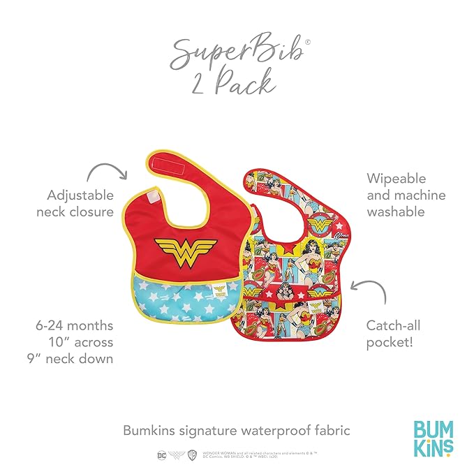 Bumkins Bibs for Girl or Boy, SuperBib Baby and Toddler for 6-24 Months, Essential Must Have for Eating, Feeding, Baby Led Weaning, Mess Saving Catch Food, Waterproof Soft Fabric, 2-pk Wonder Woman