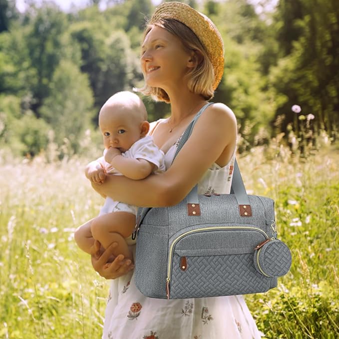 Tenot Diaper Bag Tote with Pacifier Case, Baby Bag for Women with Shoulder Straps, Travel Diaper Tote for for Mom and Dad Grey