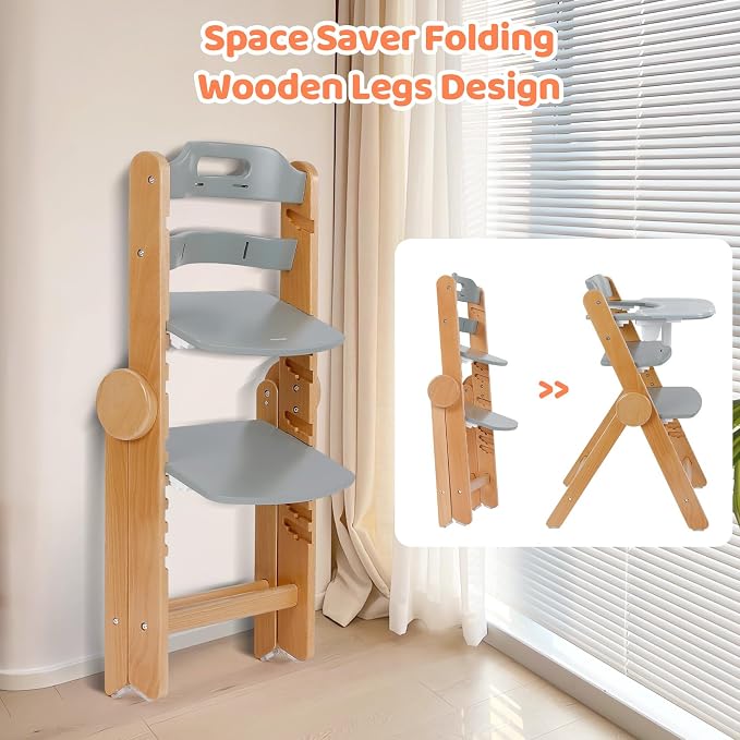 Ezebaby Wooden High Chair Grow with Your Child, Foldable Baby High Chair with Adjustable Seat and Footrest Heights, High Chair for Babies and Toddlers with Cushion and Large Double Layer Tray(Grey)