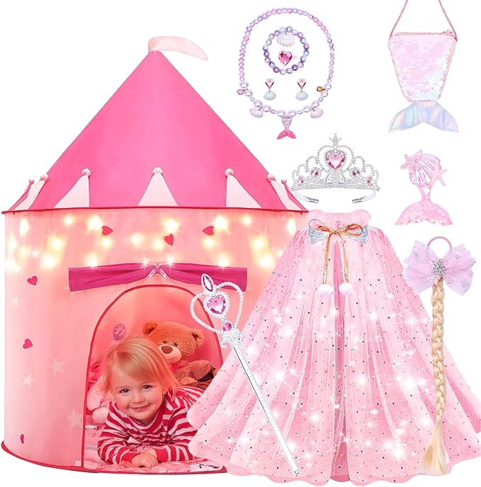 13 Pcs Castle Play Tent with LED Star Lights - Princess Dress-Up Set with Crown for Little Girls - Princess Toy Tent - Indoor and Outdoor Girls Castle Playhouse - Pink