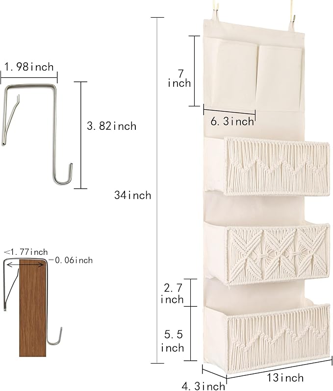 FEILANDUO Over The Door Organizer Boho Macrame Closet Organizers and Storage with 3 Large Woven Pockets Behind Door Organizer for Nursery, Pantry, Bathroom, Bedroom, Dorm (Ivory)