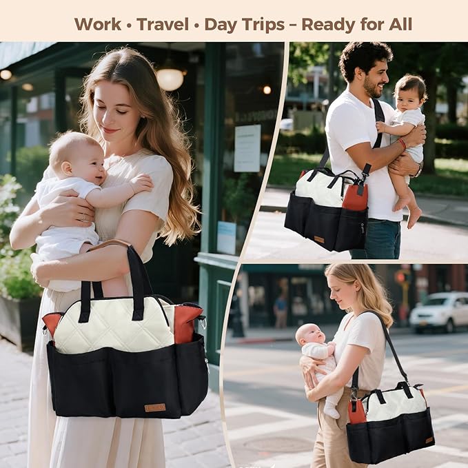 Lekebaby Diaper Bag Tote for Baby - 17 Pockets Large Travel Diaper Tote with Portable Changing Pad, Mom Crossbody Hospital Bag for Labor Delivery, Waterproof, Baby Essentials for Newborn Gifts, Beige