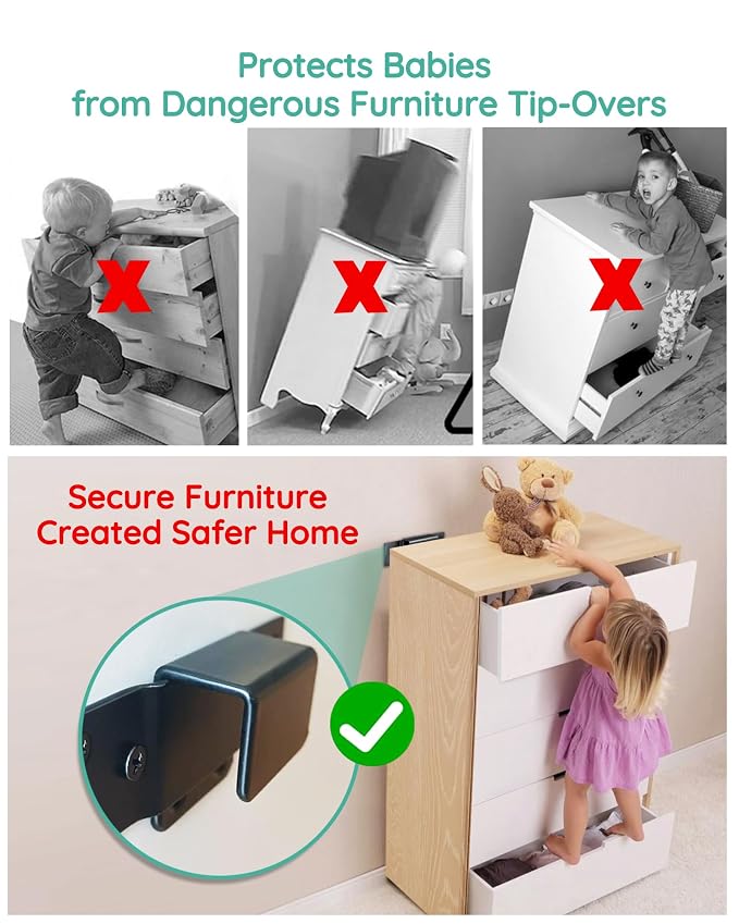 Furniture Wall Anchor Furniture Anchors for Baby Proofing 6 Sets Anti Tip Furniture Straps Wall Mount Bracket Safety Secure Cabinet Dresser Bookshelf, Keep Baby Child Pet Safety