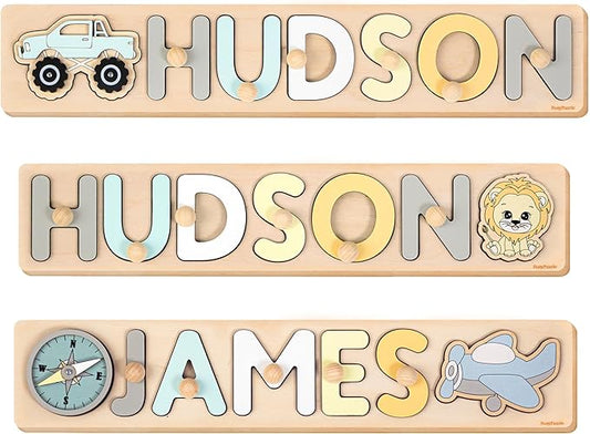 Personalized Name Puzzle Montessori Toys Nursery Decor Customized Puzzle Educational Toy for a 1 Year Old Gifts Kids Name Sign for Nursery Easter Present for Baby (Pastel Boy)