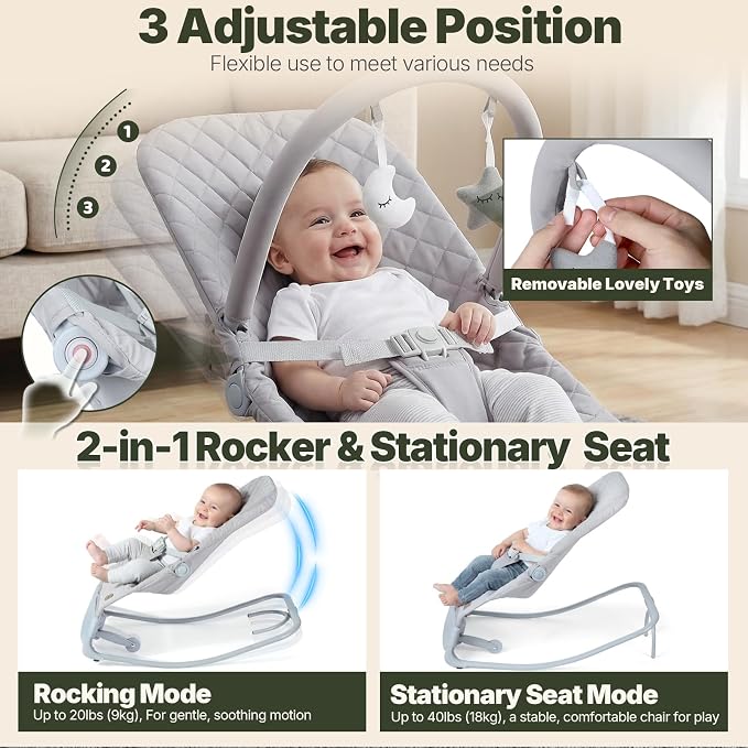 Orzbow Electric Baby Rocker & Toddler Chair, 3-Speed Auto-Rock, Up to 40lbs | Timer 30/60Min, 8 Soothing Melodies, 3 Recline Positions, 5 Volume Levels, Machine-Washable Cover, Battery or Plug-In Powered
