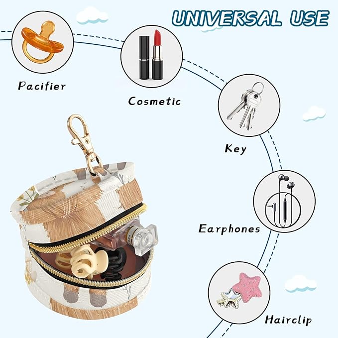 YETTASBIN Cute Highland Cow Portable Pacifier Holder Case with Metal Hook Buckle & Zipper for Diaper Bag and Stroller, Versatile All-in-One Travel-Friendily Baby Pacifier Pouch for Boy Girl