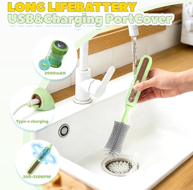 Electric Baby Bottle Brush Cleaner, 5-in-1 Travel Kit with Storage Bag, Food-Grade Silicone, Long Battery Life, Portable Baby Bottle Cleaner Brush Set, Ideal Gift for Parents & Babies (Green)