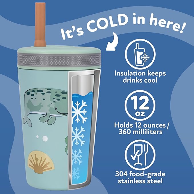 Nuby Thirsty Kids Insulated Toddler Cup with Silicone Flexstraw - 12 oz - Stainless Steel and Leak-Resistant - 18+ Months - Ocean