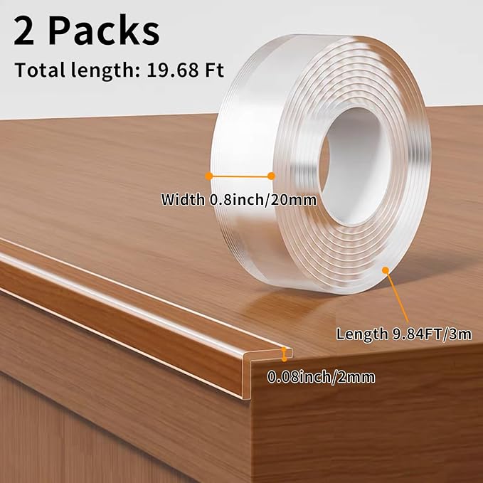 2Pack Baby Proofing Edge Protector for Baby,0.8in x 9.84ft,Clear Edge Protector Strip Sharp Edge Wrap Cover Tape,Corner Bumpers for Furniture,Crib Rail Covers for Teething