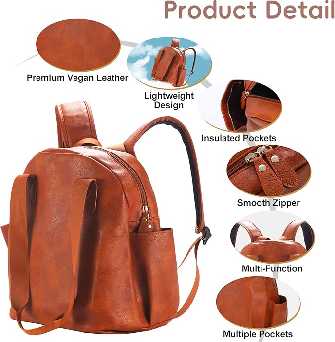 Lasaviin Stylish Diaper Bag Backpack, Leather Large Capacity Travel Baby Diaper Bag Tote for Mom Dad, Handbag shoulder bag, Waterproof, Lightweight Brown