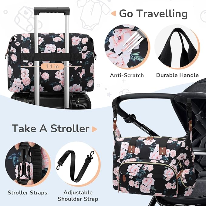 Tenot Diaper Bag Tote with Pacifier Case, Baby Bag for Women with Shoulder Straps, Travel Diaper Tote for for Mom and Dad Black Pink Floral
