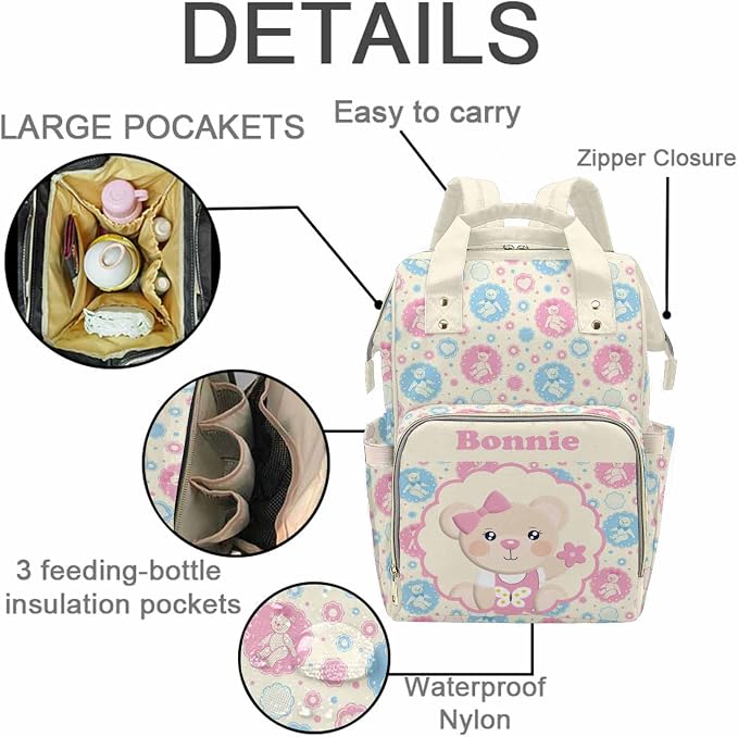 M YESCUSTOM Custom Cartoon Bear Diaper Bag Backpack Personalized Name Mommy Bag for Women Customized Gift for Mothers Day