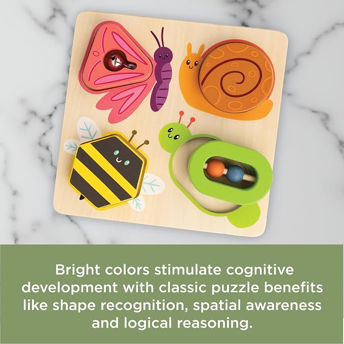 MindWare Sensory Sprouts Surprise Puzzle - Wooden Baby Puzzle with Mirror, Bells & Beads - Educational Toy for Infants & Toddlers 6+ Months Montessori Baby Toy