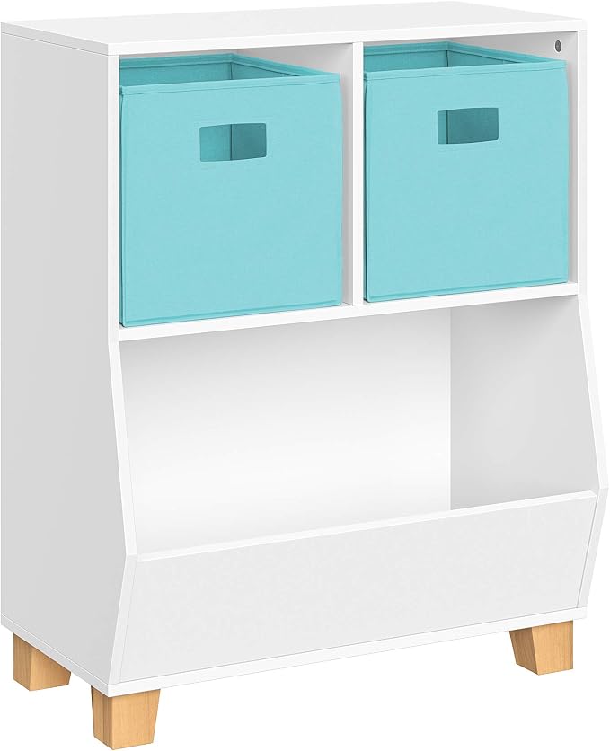 RiverRidge Kids Bookshelf Toy Storage Organizer with 2 Cubbies, 2 Folding Aqua Fabric Bins & Spacious Bin White Playroom Toy Organizer and Cubby Storage