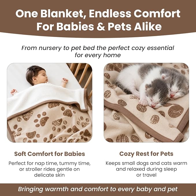 100% Organic Cotton Pet Blanket 30 x 38 in – Plush Double Layer Sherpa, Amber Glow Paw Jacquard Knit, Cozy Throw for Small Dogs, Cats & Baby – Earth Ivory/Mocha Meringue