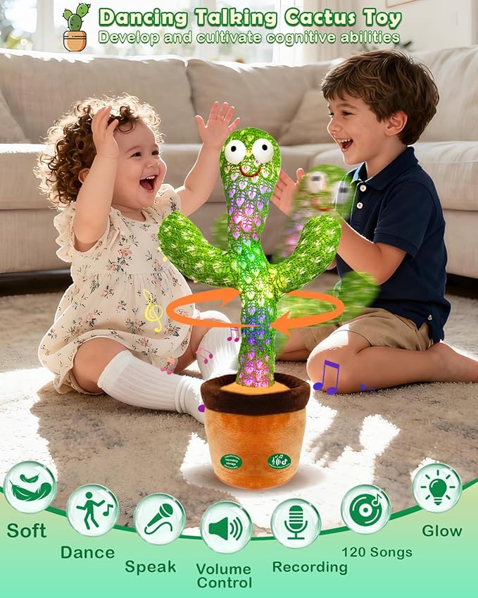 Interactive Baby Toys Dancing Talking Cactus Toy, Singing Musical & Record Repeat What You Say, Funny Gift for Infant 6-18 Months & Toddler 1 2 3 Year Old Boy Girl, Light Up Toy (Volume Control)